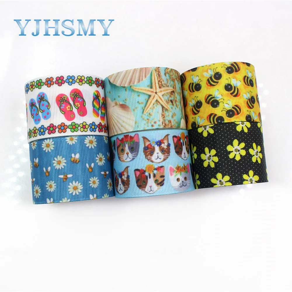 YJHSMY I 19411 977 10 ярдов 38 мм мультфильм цветок термопечать grosgrain ленты Бант колпачок DIY