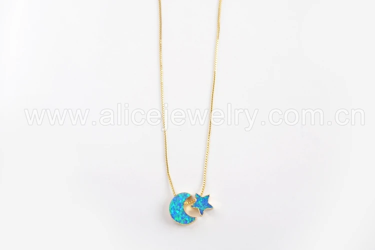 BOROSA New Arrivals! 5PCS 17inch Crescent& Star Gold Color Gems Man-made Opal Pendant Beads Necklace women Jewelry G1573 - Metal Color: Blue Color