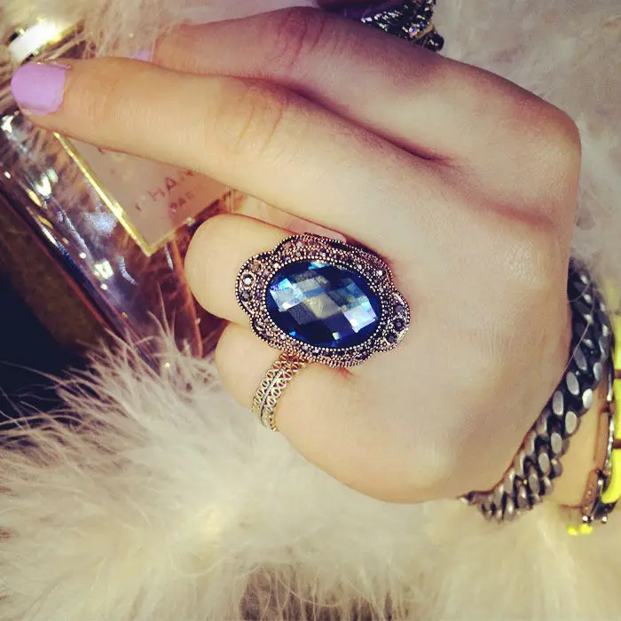 Модный винтажный стиль большой голубой камень кольцо богемное Белое Золото Цвет