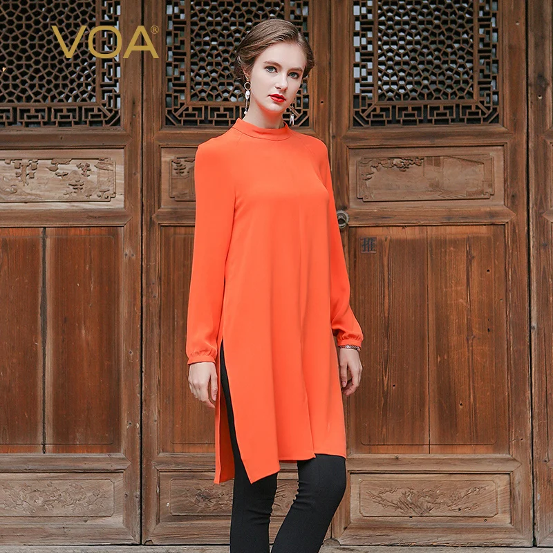 VOA Летняя короткая однотонная Повседневная Тяжелая шелковая футболка с длинным