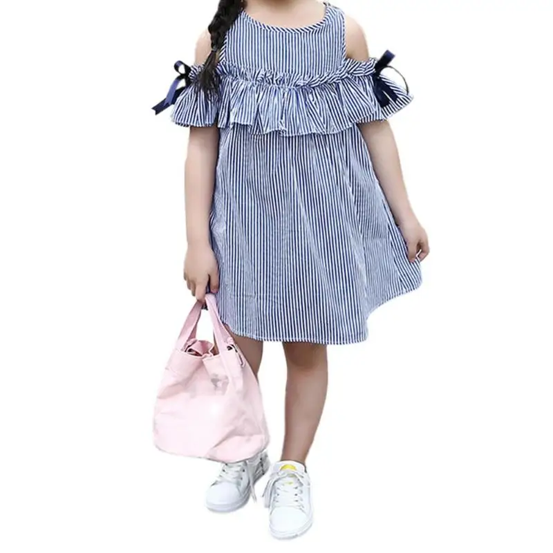 Baby Girls Dress Korean Style Cold Shoulders Tie Ruffles Princess Tutu Stripes Girl Clothes Shoulder | Детская одежда и обувь