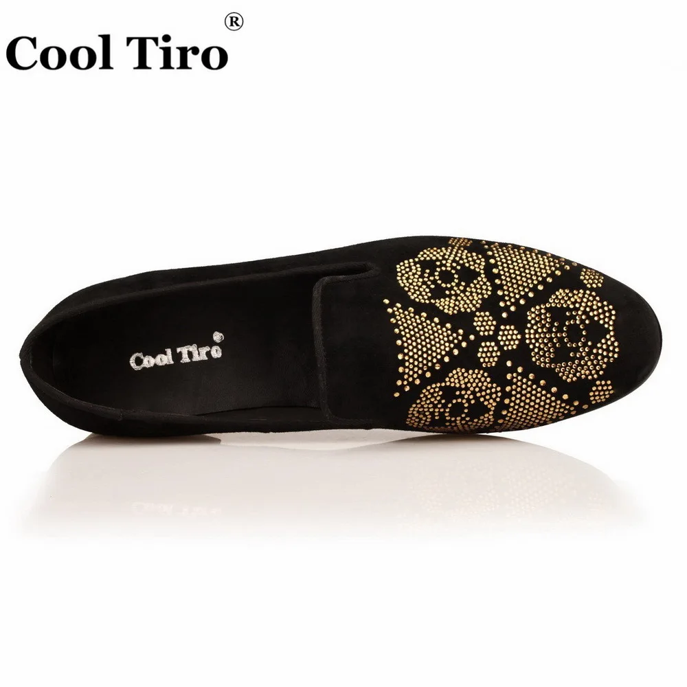 COOL TIRO Strass/мужские лоферы Черные замшевые шлепанцы без задника с золотыми цветами