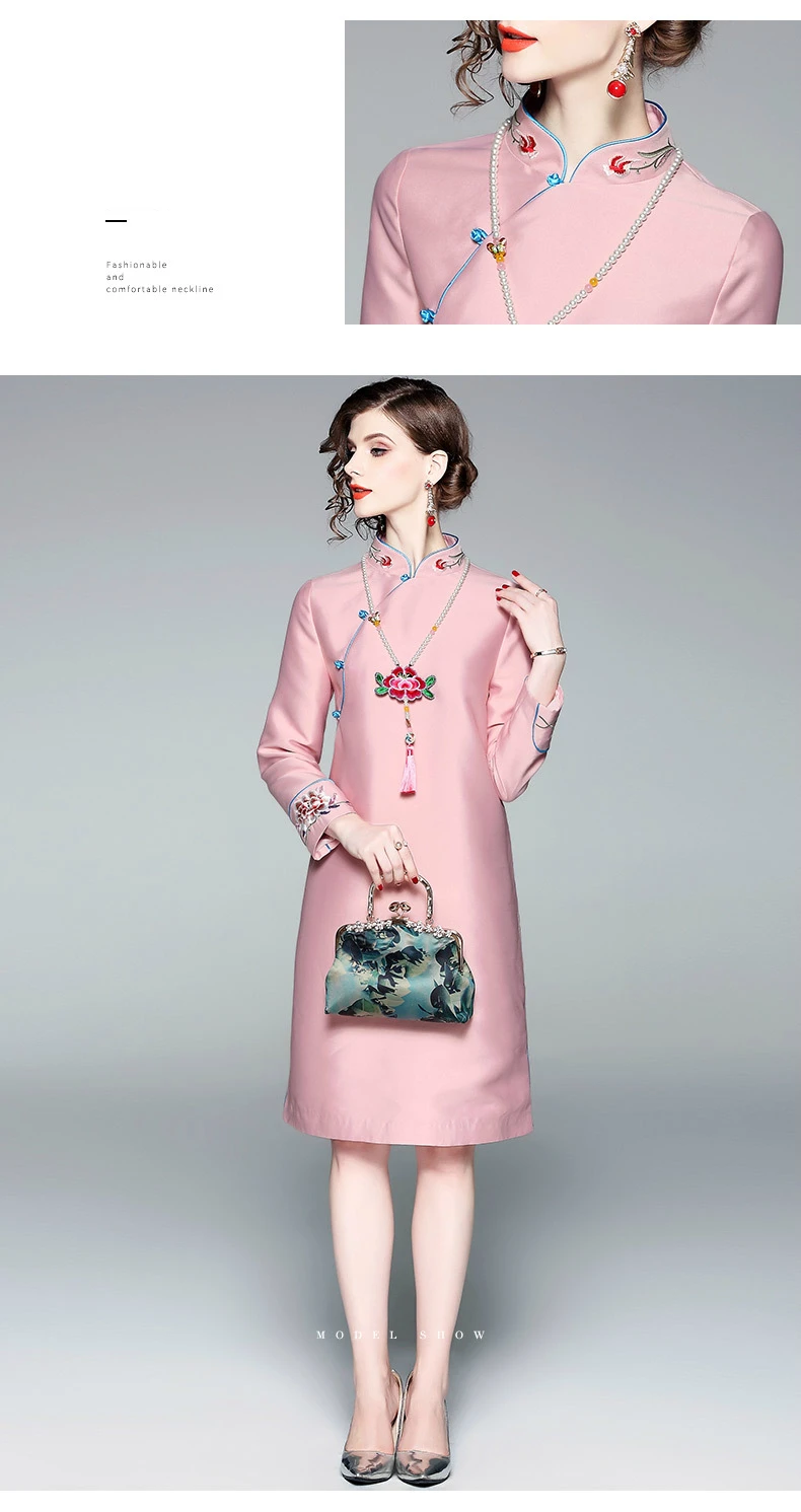 Розовое традиционное короткое китайское платье Mujer Vestido женское атласное Qipao миди Чонсам вышивка цветок размера плюс XS, S, M, L, XL, XXL