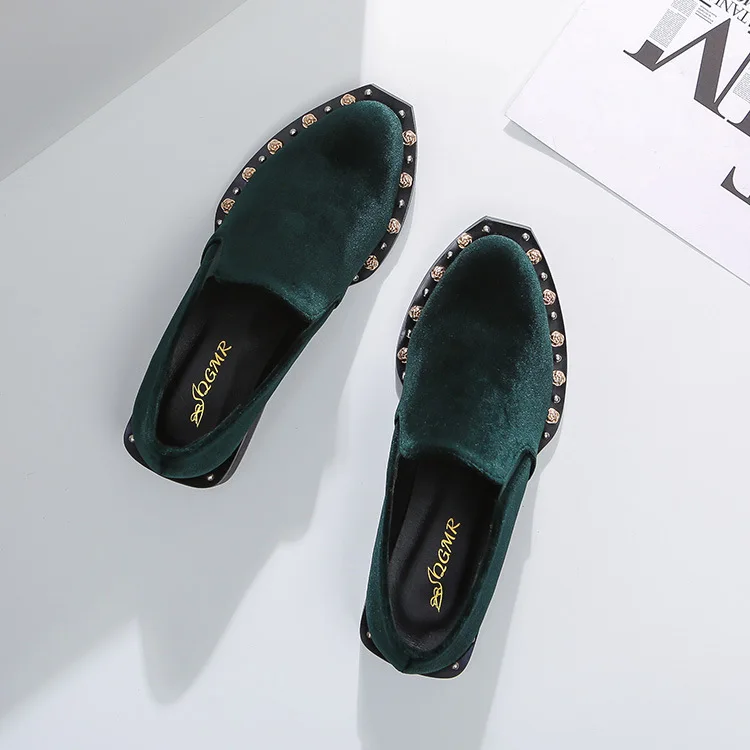 Женские бархатные туфли лодочки на среднем каблуке черные/зеленые брендовые