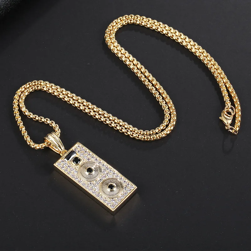 DJ фонограф горный хрусталь кулон ожерелье хип-хоп цепочка золотой цвет