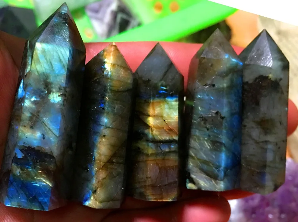 

5 PCS of natural quartz crystal labradorite healing wand point