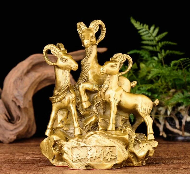 

8'' brass copper home fengshui auspicious animal good fortune three sheep statue