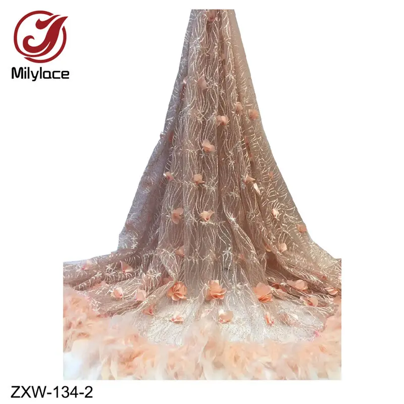 ZXW-134-2 Высокое качество 3d Цветочная кружевная вышивка и перьевые кисточки кружевная ткань Горячая французская кружевная ткань для вечерние платья ZXW-134 - Цвет: ZXW-134-2