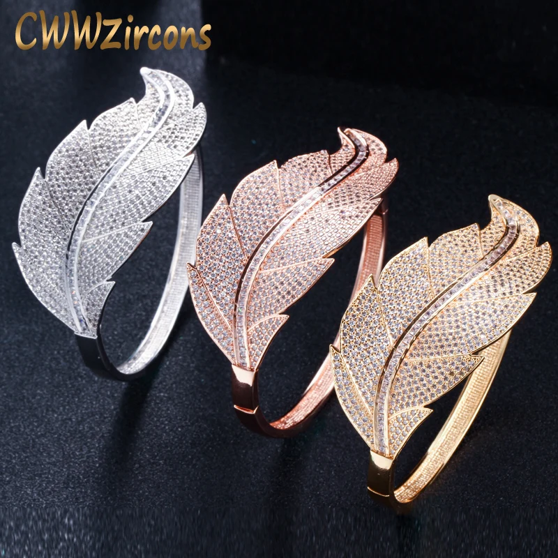 CWWZircons Элитный бренд Для женщин Свадебные украшения кубического циркония листьев Форма большой широкий Африки Дубай розового золота открытым браслеты BG015