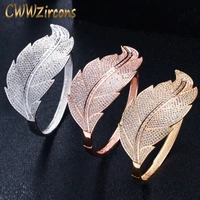 cwwzircons luxury brand women wedding jewelry cubic zirconia leaf shape big wide african dubai rose gold open bangles bg015