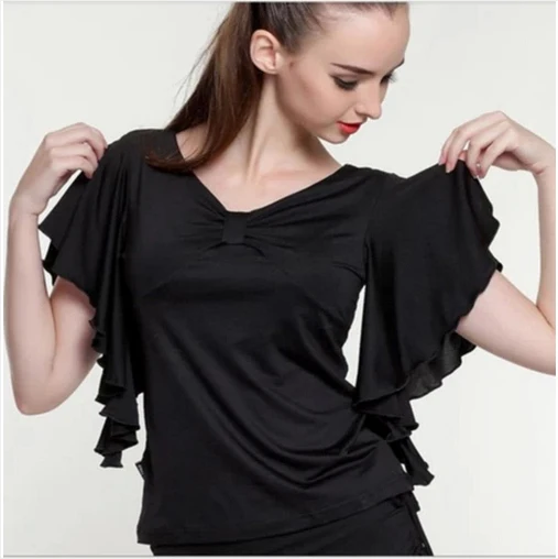 Black shirt Новинка, рубашка для испанских танцев, костюм для фламенко с рюшами, женский костюм для бальных танцев, футболка для латинских танцев, топы для фламенко, рубашка для фламенко - Цвет: Black shirt