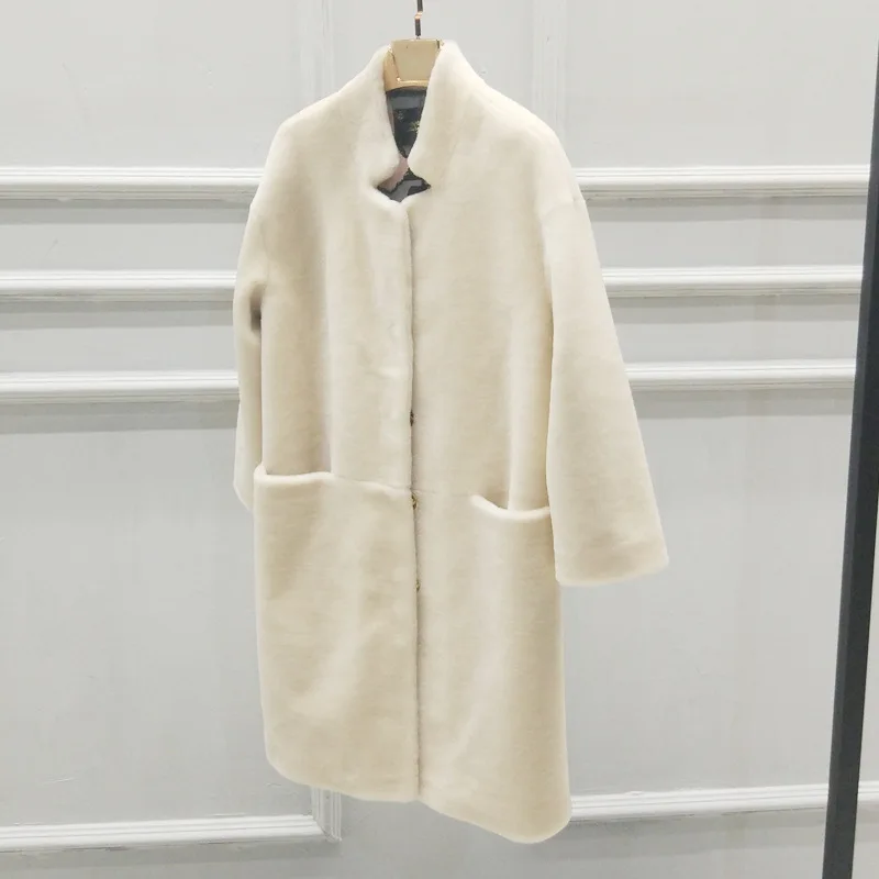 Beige AYUNSUE, Женское пальто с мехом, Натуральная шерсть, Женская куртка, Овечья овчина, пальто для женщин,, осень, зима, длинный Тренч, куртки YJRLJ - Цвет: Beige