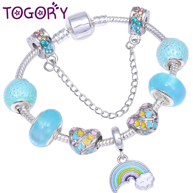 TOGORY 2019 Высокое Качество бусины браслет Радуга любви кулон Серебряный тонкий для