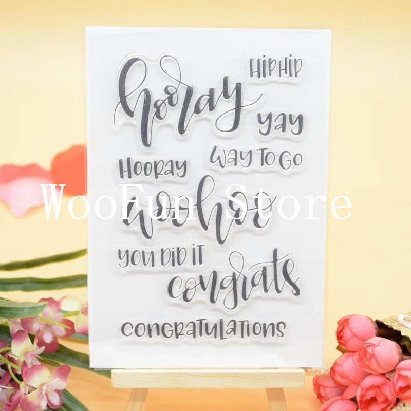 

Hooray WooHoo Sentiment Rubber Clear Stamp + dies cuttings for Card Making Decoration and Scrampbooking