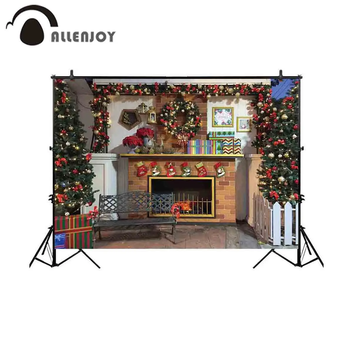 Allenjoy фон для фотостудии Рождественская каминная комната венок дерево скамейка