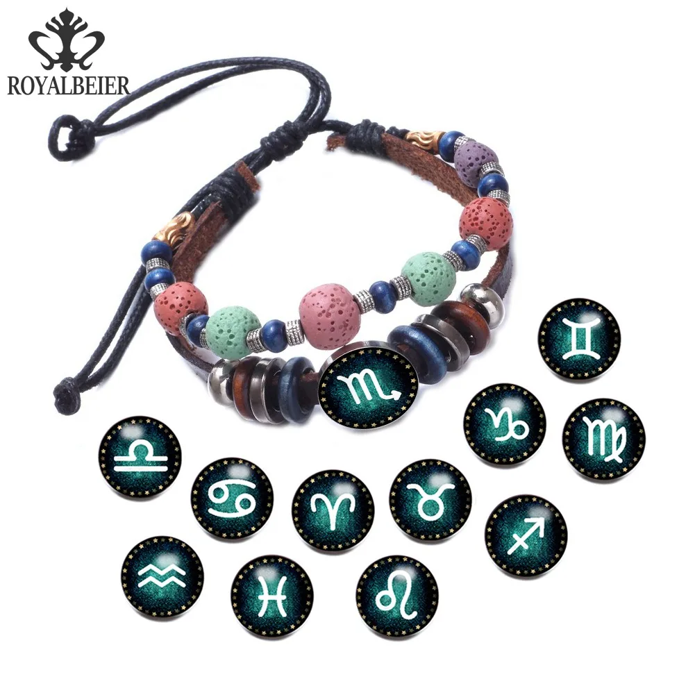 

RoyalBeier Colorful Stone Beaded Bracelets 12 Constellation 5pcs/Lot 18mm Snap Buttons Adjustable Bangle For Women & Men Jewelry