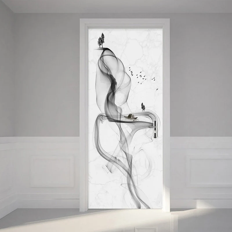 

Self-Adhesive Door Sticker Modern 3D Abstract Art Wallpaper Black And White Smog Murals Living Room Bedroom Creative DIY Sticker