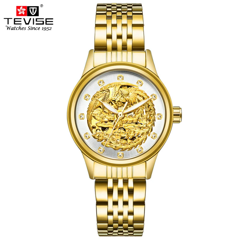 TEVISE женские роскошные золотые автоматические механические часы с Фениксом