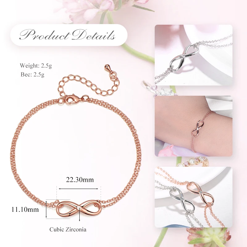 Браслет UMODE New Classic Infinite с кристаллами CZ для женщин на цепочке белого и розового золота с подарочными украшениями из циркона AUB0149.