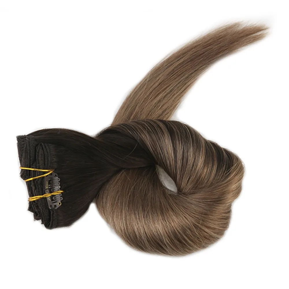 Полный блеск Balayage 100 г волосы для наращивания на заколках с клипсами Омбре цвет#2 темно-коричневый выцветание до#8 10 шт. волосы remy для машинного изготовления