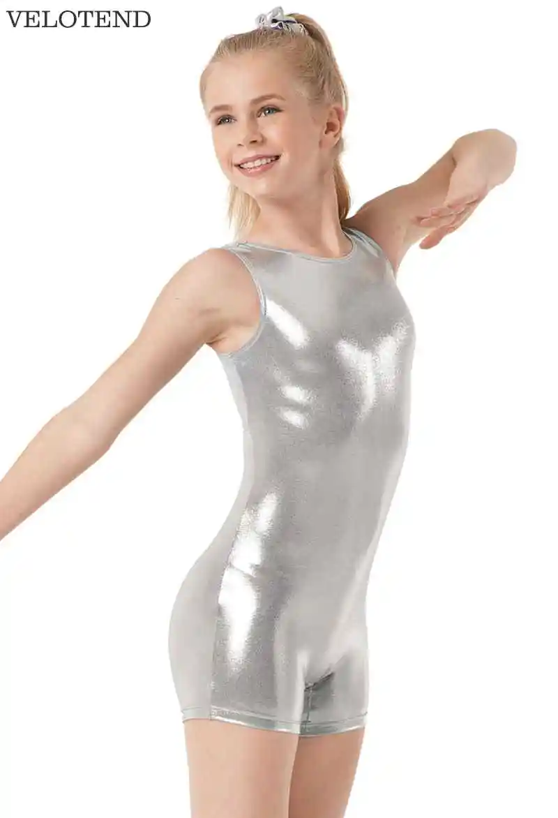 VELOTEND Child Keyhole-Back Metallic Biketard With Girls Dance Leotards for Gymnastics Shorty Unitard Costumes | Тематическая