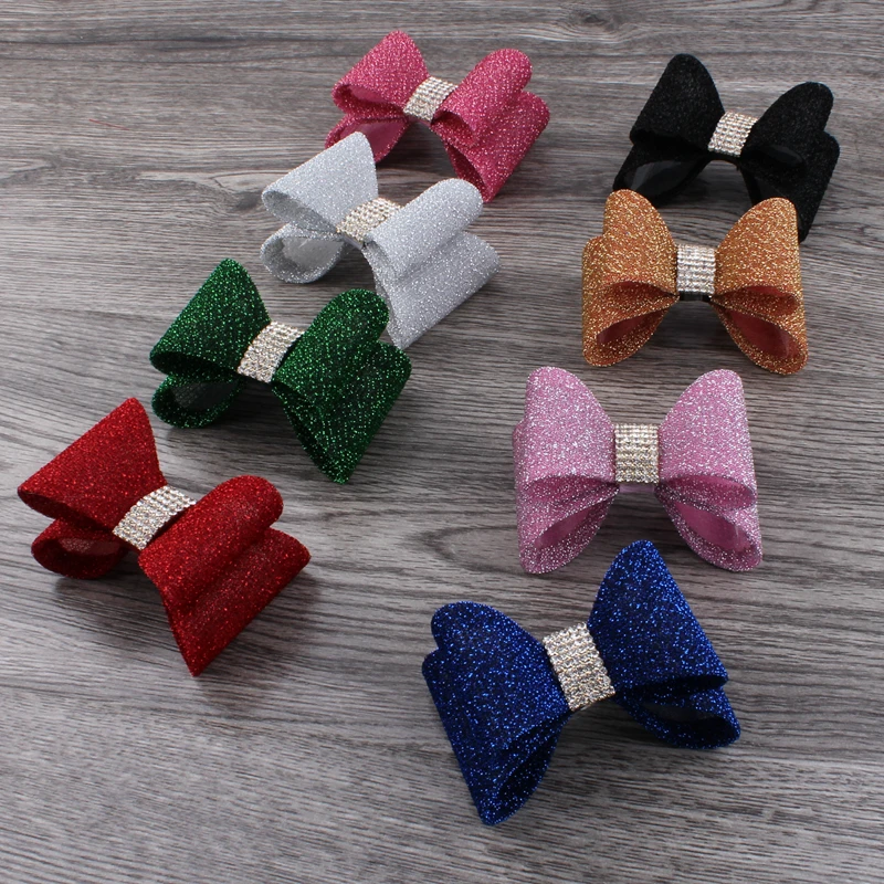 

120pcs/lot 16colors Newborn Luxe Gold Dust Kids Bows+Rhinestone Button for Headband Hard PVC Bow For Kids Girls Hair Accessories