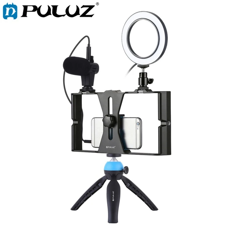 Puluz 4 в 1 Vlogging Live Broadcast смартфон видео установка+ 4,6 дюймов кольцо Led видео свет и микрофон+ крепление штатива+ головка штатива