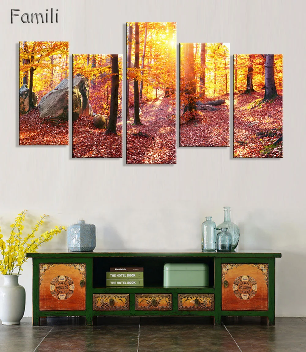 

Unframed 5Panel Canvas Painting Autumn Fall Love Tree Golden Filling HD Modular Pictures Modern Wall Pictures For Living Room