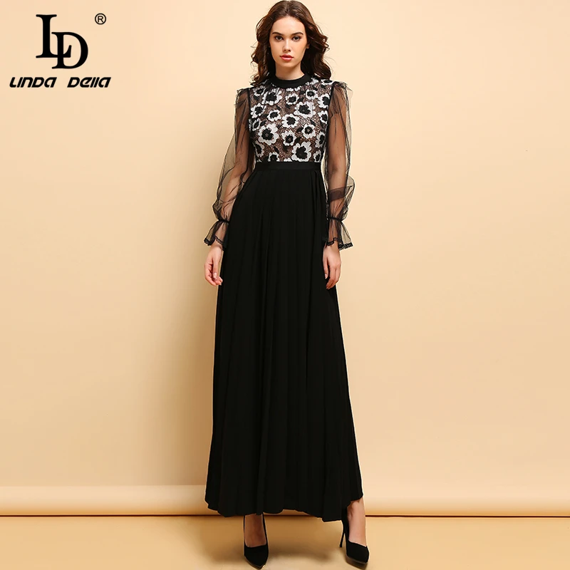 Женское платье с разрезом LD LINDA DELLA, осеннее длинное черное платье с тюлью, платье с длинными рукавами и цветочной вышивкой, с боковым разрезом, платье для вечеринок