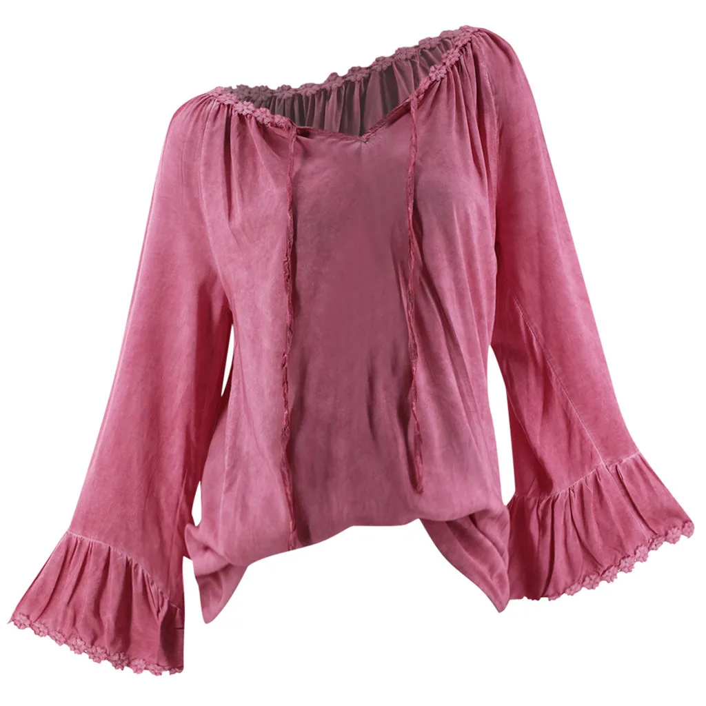 Plus Size Fashion Lace Patchwork Blouse Ladies Casual V-Neck Bandage Tee Tops Female Women's Long Sleeve Shirt Blusas Pullover | Женская