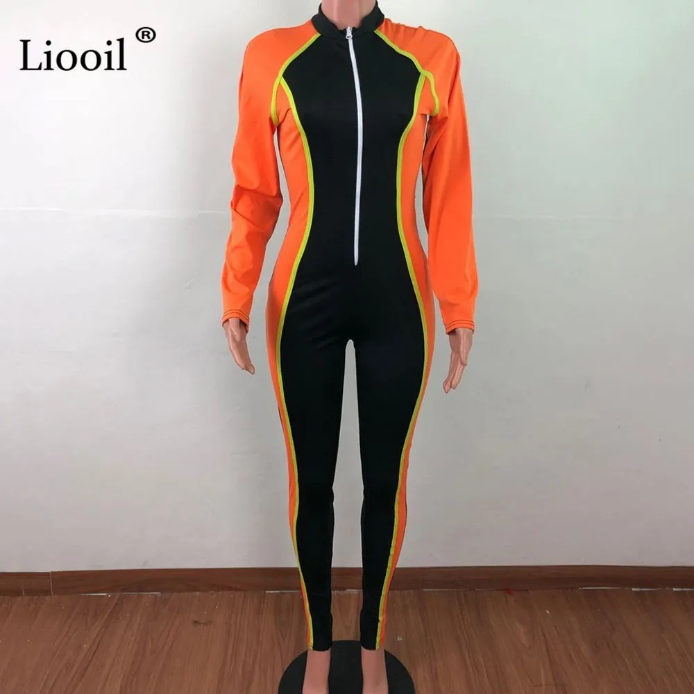 Liooil Лоскутные цветные полосатые обтягивающие сексуальные комбинезоны для женщин с длинным рукавом на молнии вечерние Клубные Комбинезоны Женский комбинезон s