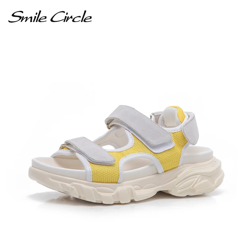 Летние кожаные повседневные сандалии с сеточкой и смайликом женская модная