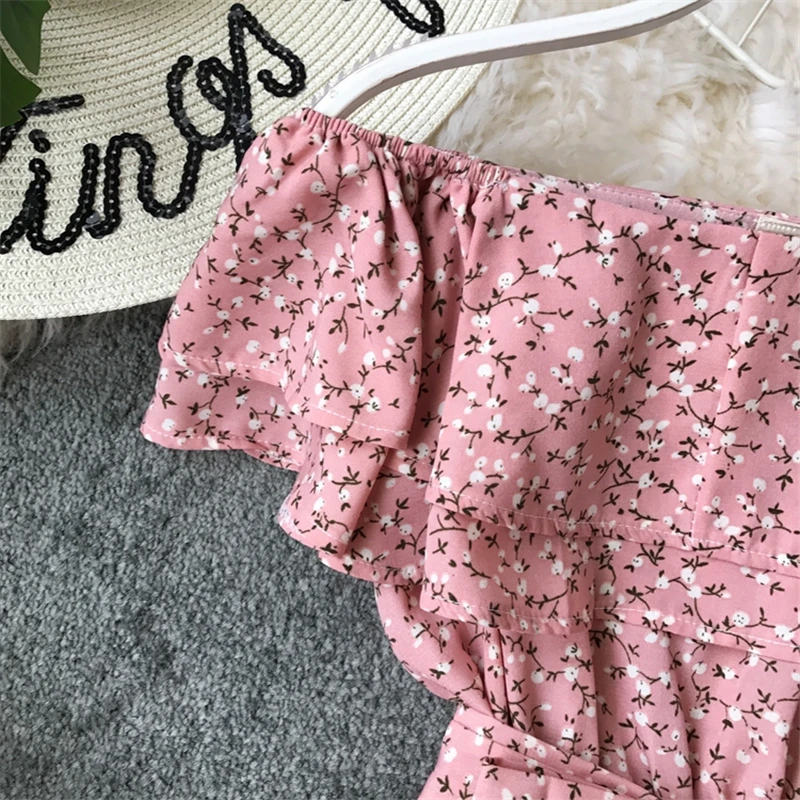 В богемном стиле для девочек летний пляжный отдых Для женщин пикантное мини-платье, обнажающим плечи, Цветочный принт, платье с поясом, платье трапециевидной формы Vestido De Verano