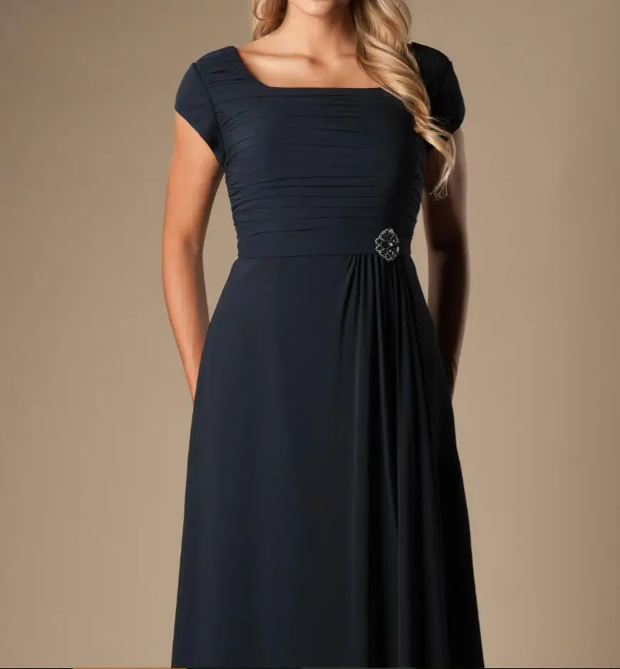 Темный Темно синие Длинные Скромные платья для подружки невесты с Кепки пола без