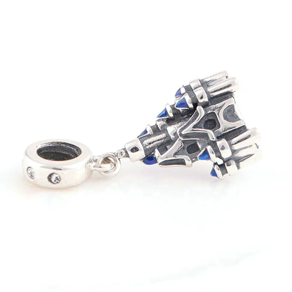 Серебряный подвесной шарм "Замок из голубой эмали" 925 Sterling Charms для женских браслетов DIY подходит для оригинальных чармов браслетов.