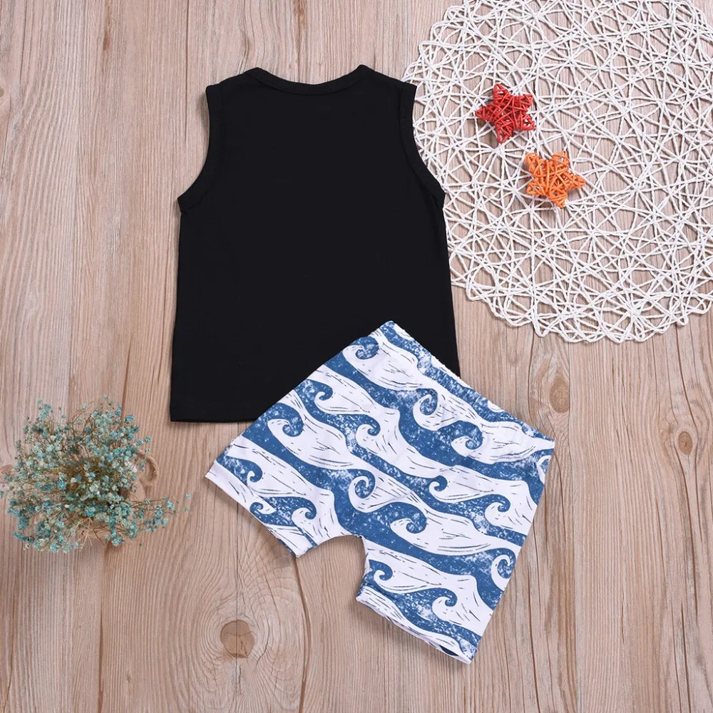 

2019 Fashion Summer Baby Boy Sleeveless Letter Tops+Wave Short Pants Set