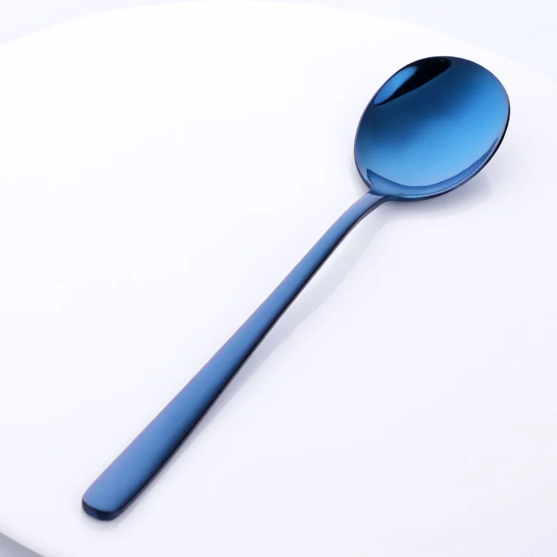 Blue-1Pc 1 шт., Корейская ложка, десертная ложка из нержавеющей стали, Золотая столовая ложка, круглая ложка для супа, посуда с длинной ручкой, портативный набор, вечерние инструменты - Цвет: Blue-1Pc