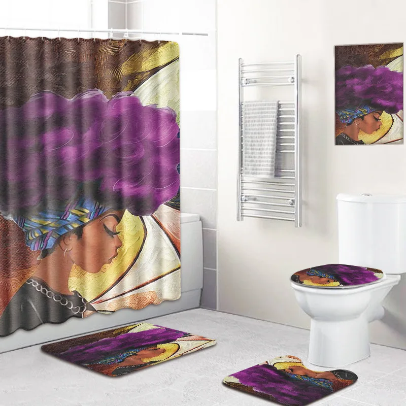 

4 Pcs/Set African American Girl Shower Curtain Bath Rug Set Toilet Cover Bath Mat Set Bathroom Accessories Curtains With Hooks