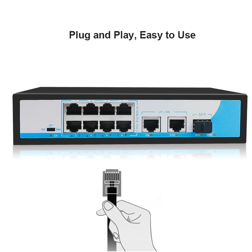 Сетевой коммутатор Ethernet с 8 портами POE 100 Мбит/с + 2*10/100/1000 м переключатель Uplink 1*1000