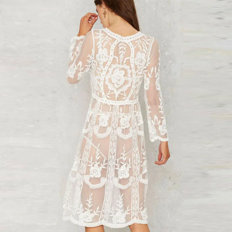 Lace White Dress Women Long Sleeve Transparent Summer 2019 Loose Midi Sexy V-Neck Beach Tunic In Cover-ups BS289 | Женская одежда