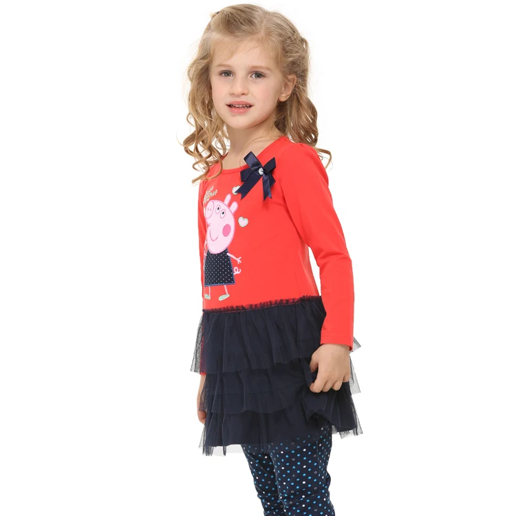 FREE SHIPPING H4549#2014 new fashion nova baby girls flower peppa pig long sleeve summer party dress for | Детская одежда и обувь