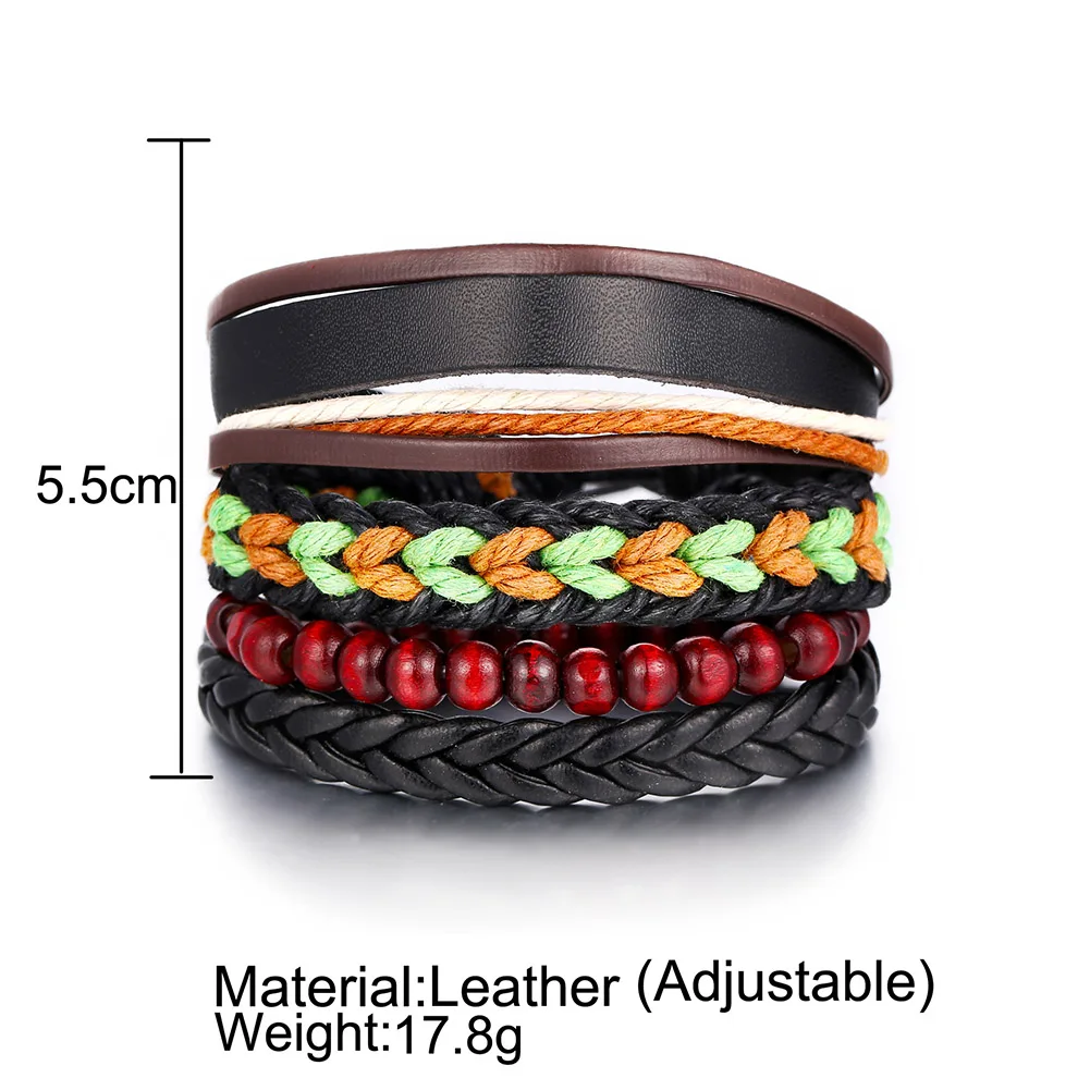 4 Pcs/Set Men Multilayer Adjustable Wood Beads Bracelets Leather Braided Bangle M8694 | Украшения и аксессуары