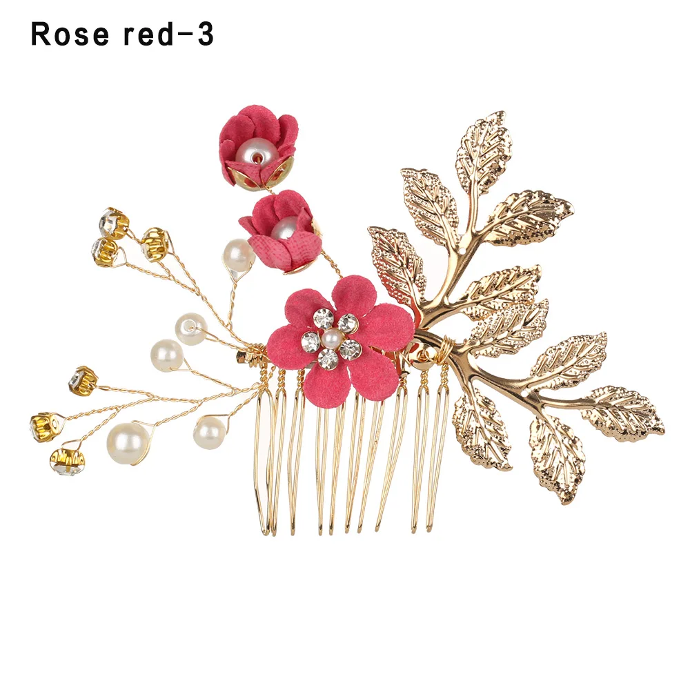 rose red 03 Модные расчески для волос с голубыми и красными цветами; головной убор для невесты; Свадебные украшения; аксессуары для волос с золотыми листьями; заколки для волос и палочки - Окраска металла: rose red 03