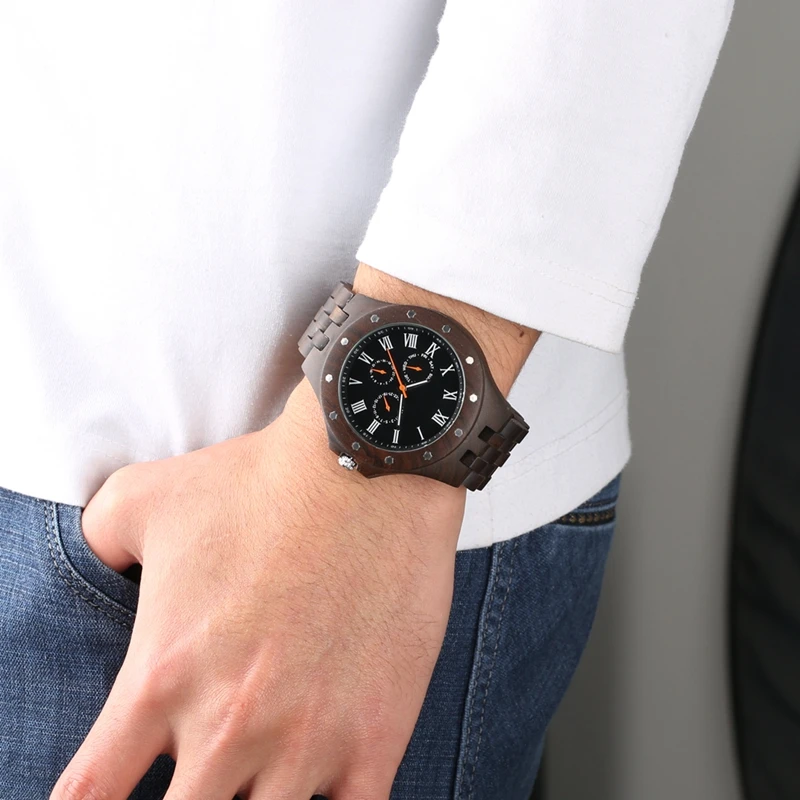 

Top Luxury Wood Multifunctional Watch Men Chronograph Clock Male with Full Ebony Wooden Band Military Watch Great Gift for Man