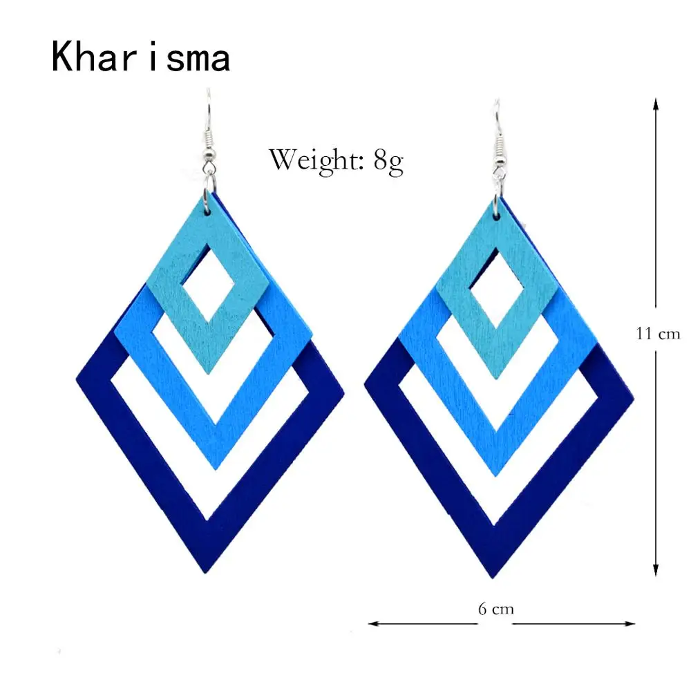 

KHARISMA Fashion Blue Multi-layer Wooden Hollow Statement Drop Earrings Ethnic Boho Long Pendant Dangle Earrings For Women Lady