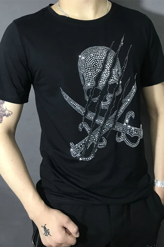 Hot 2021 New Brand Mens Short-sleeved Drilling Skull Top Shirt Mercerized Cotton T-shirt Men And Women Tide Fashion Tops | Мужская