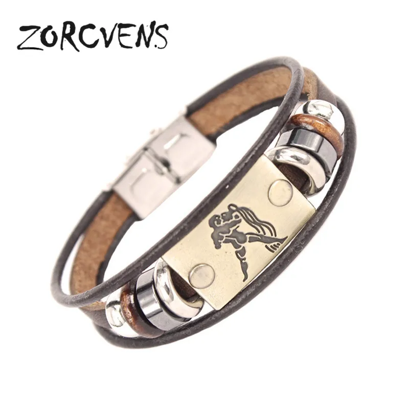 ZORCVENS 2021 New Fashion 12 Constellation Signs Bracelets Bangles Stainless Steel Leather Bracelet for Men | Украшения и