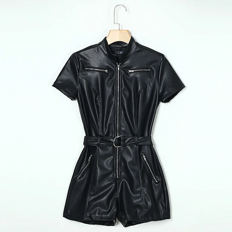 PU Leather Rompers Womens Jumpsuit Summer 2019 Sashes Zip Up Jumpsuits Short Sexy Black Bodycon Overalls | Женская одежда