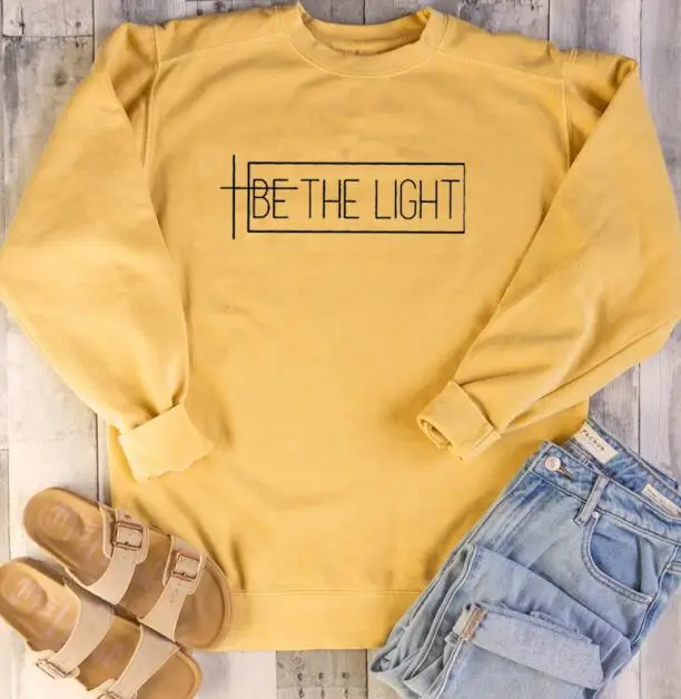 gold tee black text Быть светильник толстовка с рисунком забавная футболка с надписью, с длинными рукавами, Tumblr быть светильник толстовки христианский одежда вера цельнокроеный Джемпер для девочки, арт Топ - Цвет: gold tee black text