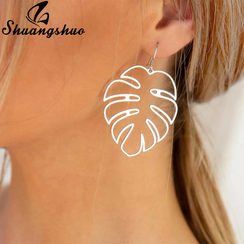 Shuangshuo Bohemian Hollow Monstera Leaf Stud Earrings For Women Piercing Jewelry Christmas Gifts pendientes | Украшения и